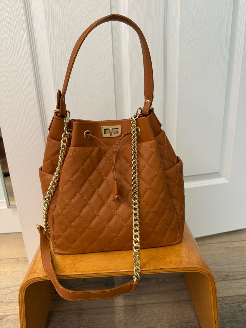 Quilted Drawstring Shoulder Bag - Tan